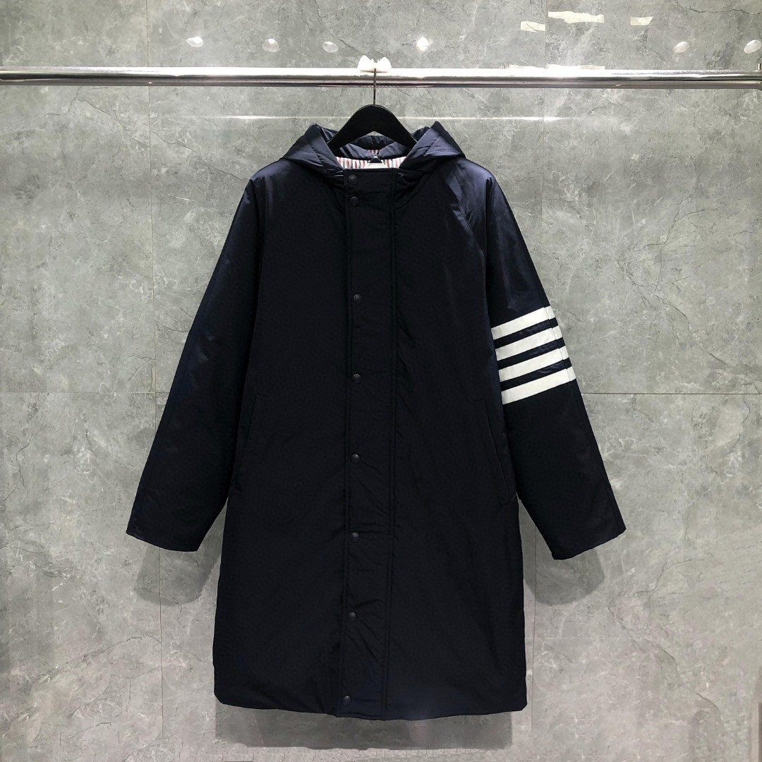 THOM BROWNE 白色四条杠连帽拉链长款羽绒服 外套 夹克 长袖 藏青色 灰色 07259670Navy