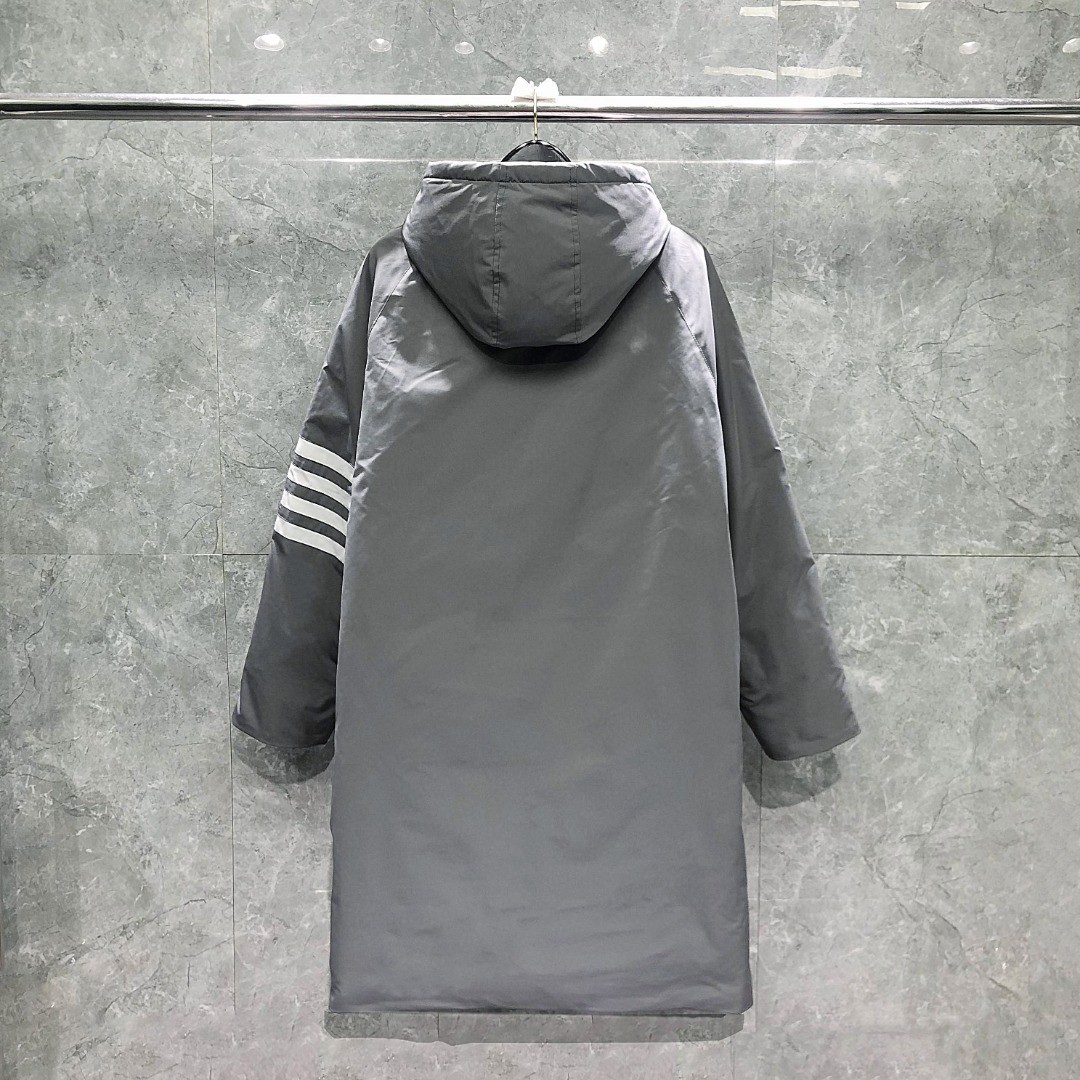 THOM BROWNE 白色四条杠连帽拉链长款羽绒服 外套 夹克 长袖 藏青色 灰色 07259670Navy