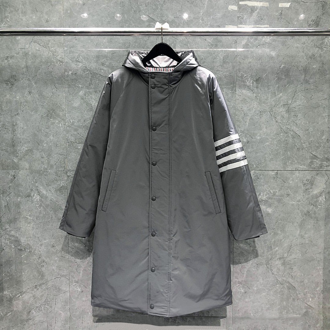 THOM BROWNE 白色四条杠连帽拉链长款羽绒服 外套 夹克 长袖 藏青色 灰色 07259670Navy