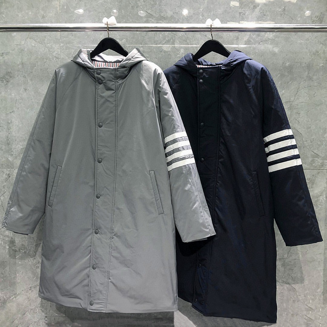 THOM BROWNE 白色四条杠连帽拉链长款羽绒服 外套 夹克 长袖 藏青色 灰色 07259670Navy