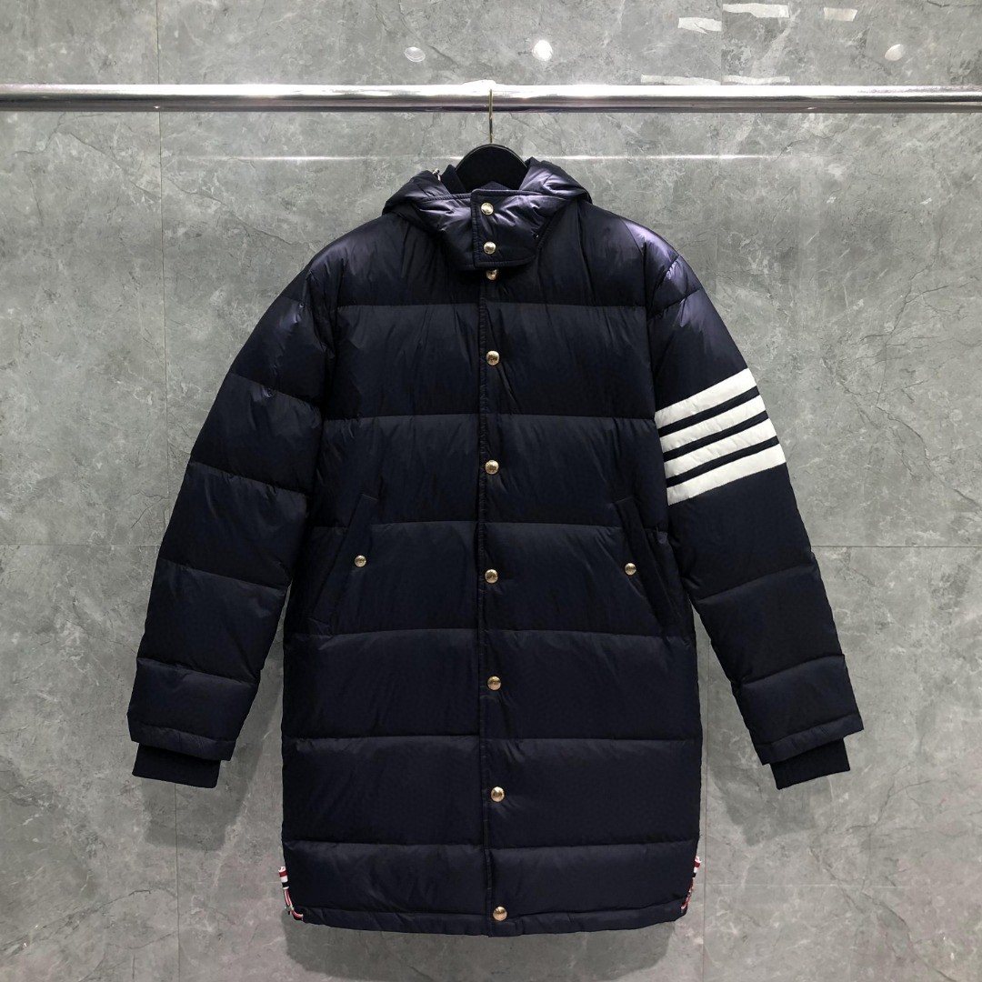 THOM BROWNE 四条杠连帽长款羽绒服 外套 夹克 长袖 藏青色 灰色 白色