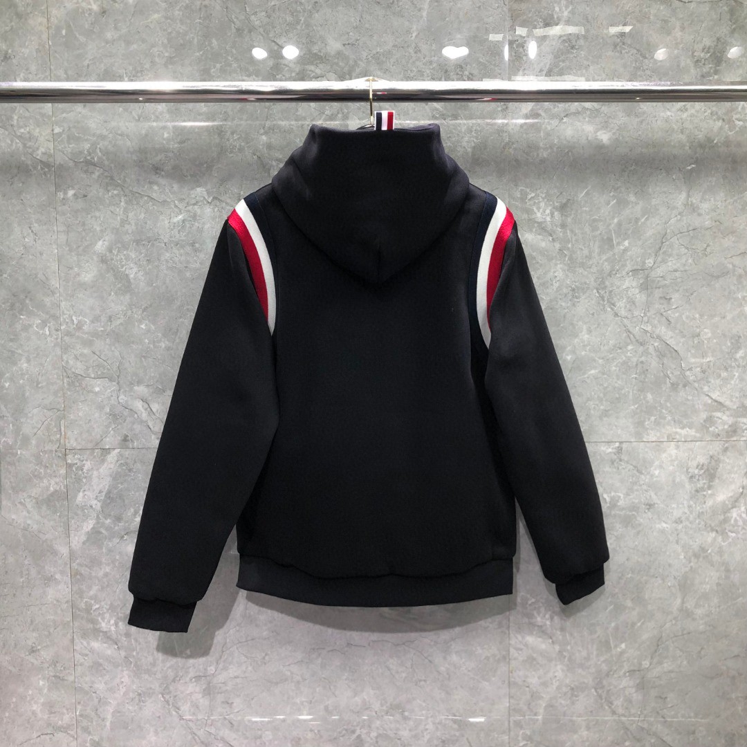 THOM BROWNE 针织条纹拼接连帽加绒卫衣 外套 长袖 黑色 卡其色