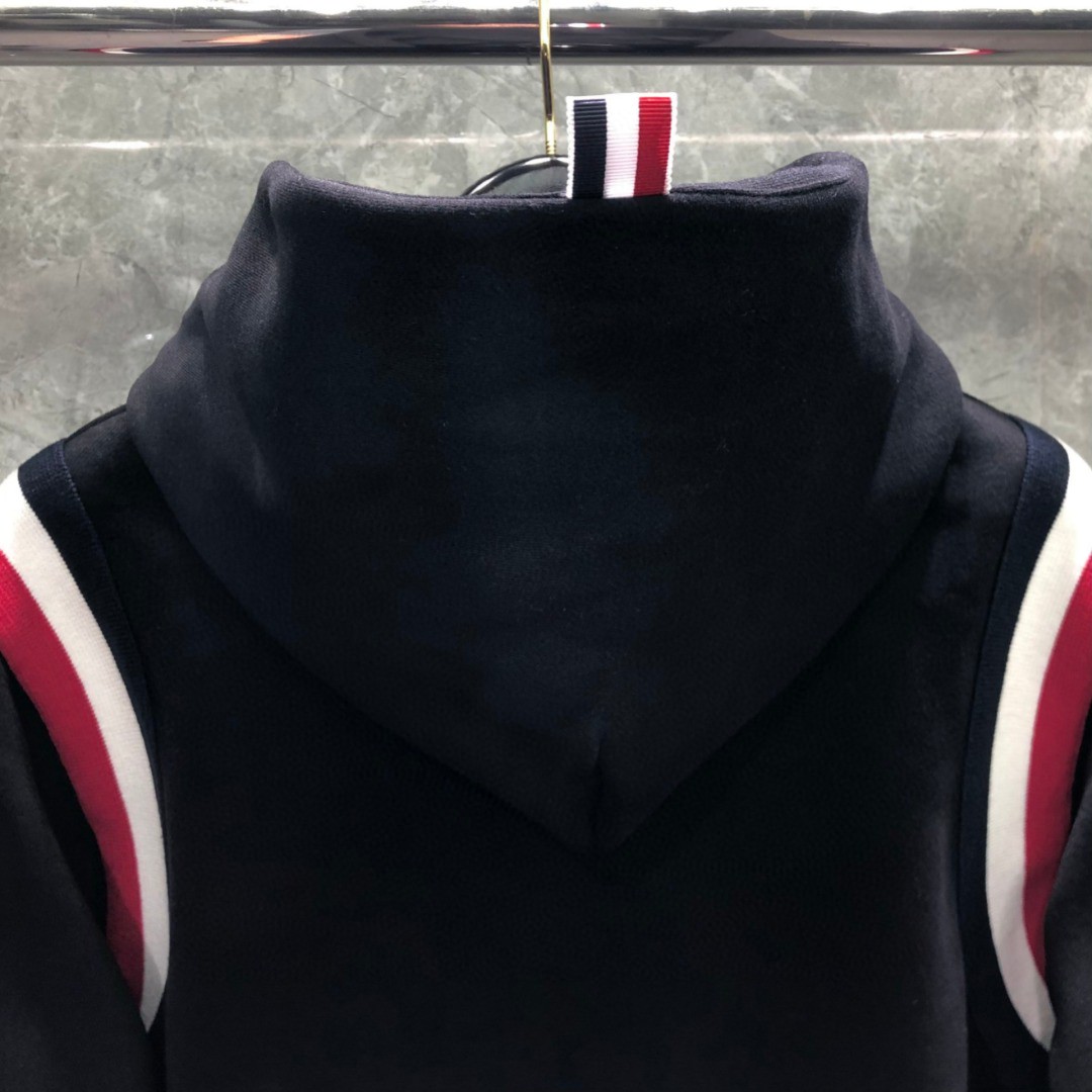 THOM BROWNE 针织条纹拼接连帽加绒卫衣 外套 长袖 黑色 卡其色