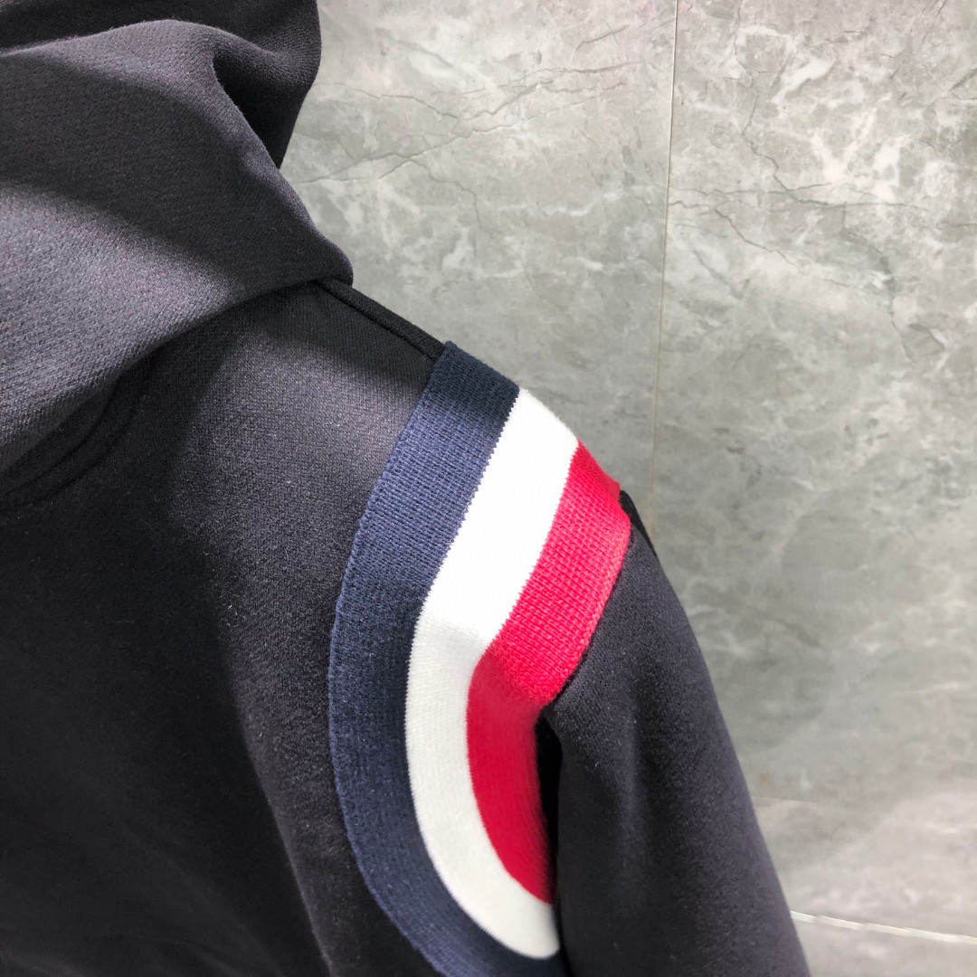 THOM BROWNE 针织条纹拼接连帽加绒卫衣 外套 长袖 黑色 卡其色