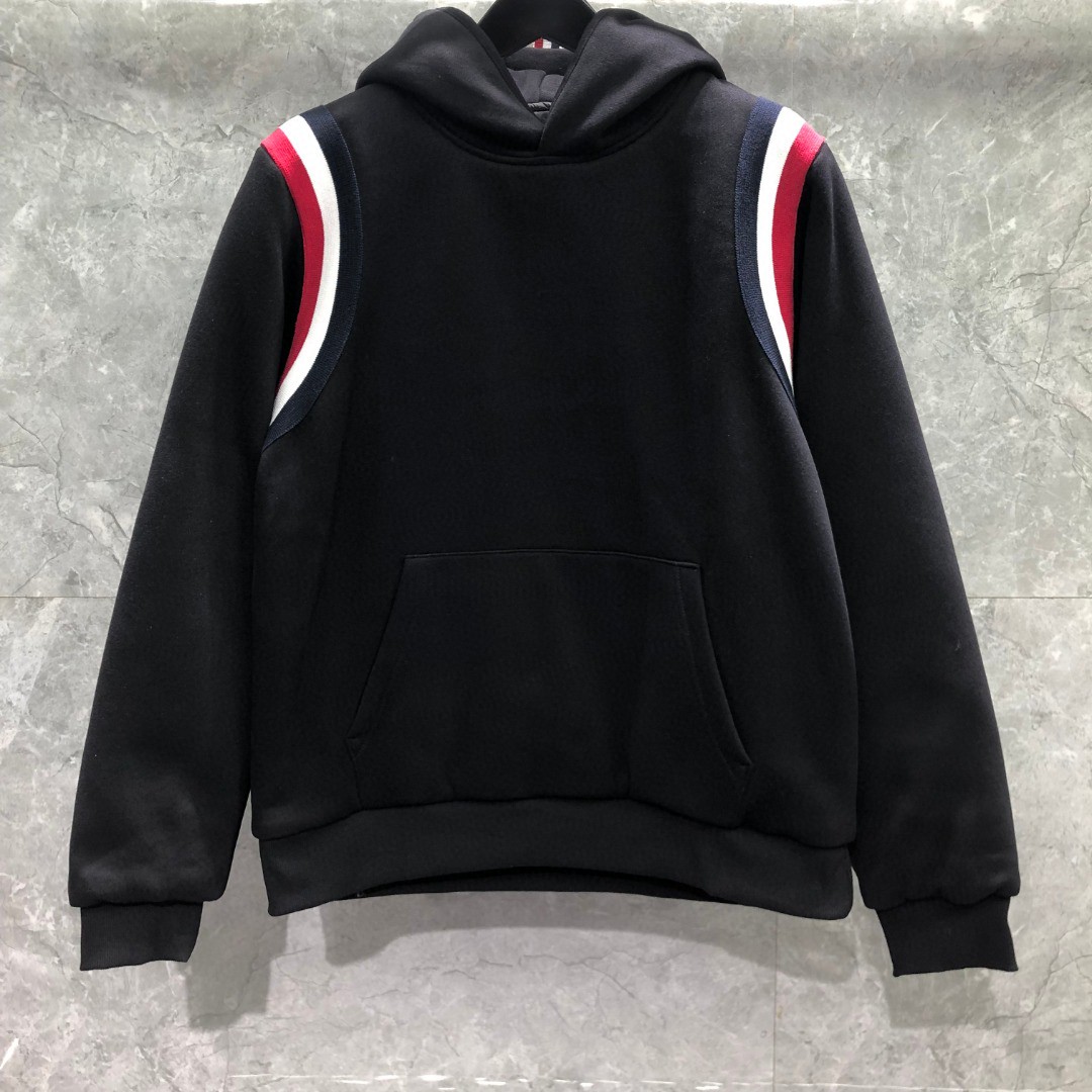 THOM BROWNE 针织条纹拼接连帽加绒卫衣 外套 长袖 黑色 卡其色