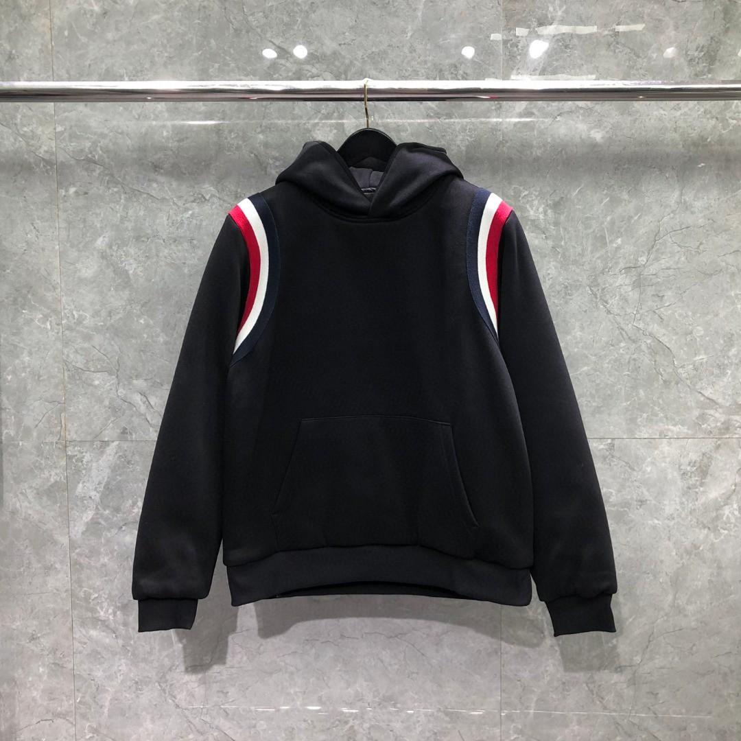 THOM BROWNE 针织条纹拼接连帽加绒卫衣 外套 长袖 黑色 卡其色