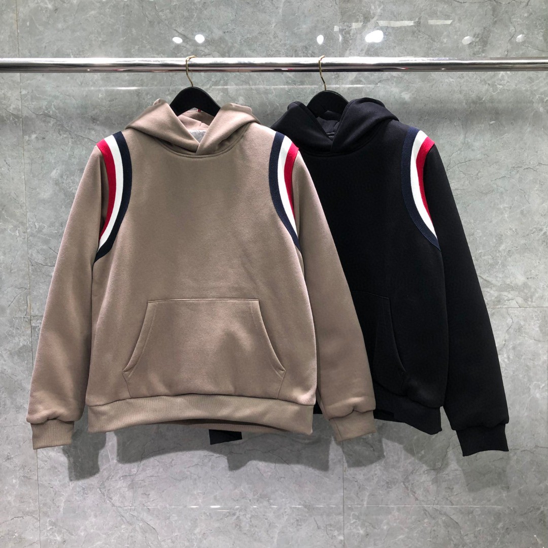 THOM BROWNE 针织条纹拼接连帽加绒卫衣 外套 长袖 黑色 卡其色