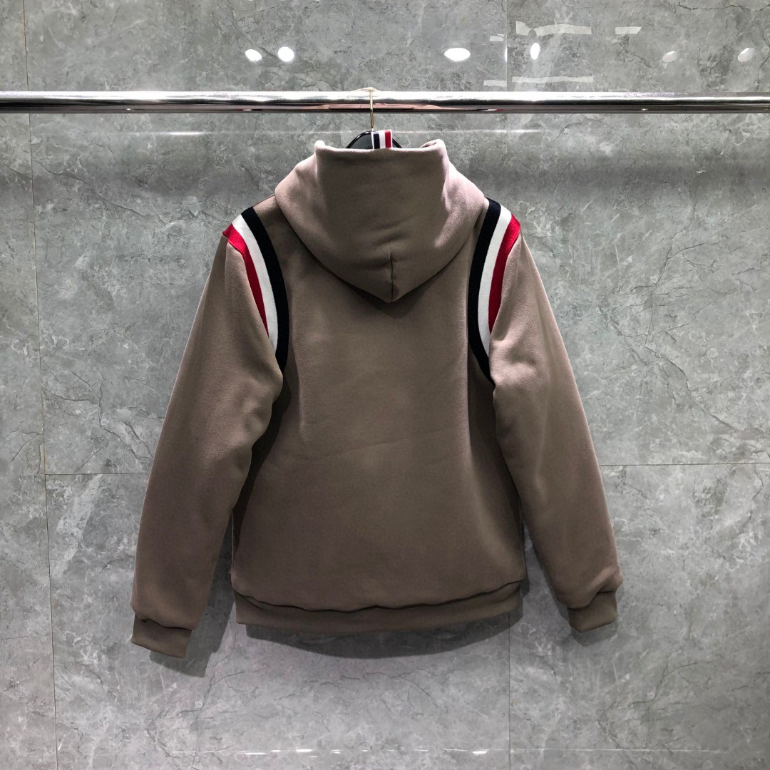 THOM BROWNE 针织条纹拼接连帽加绒卫衣 外套 长袖 黑色 卡其色