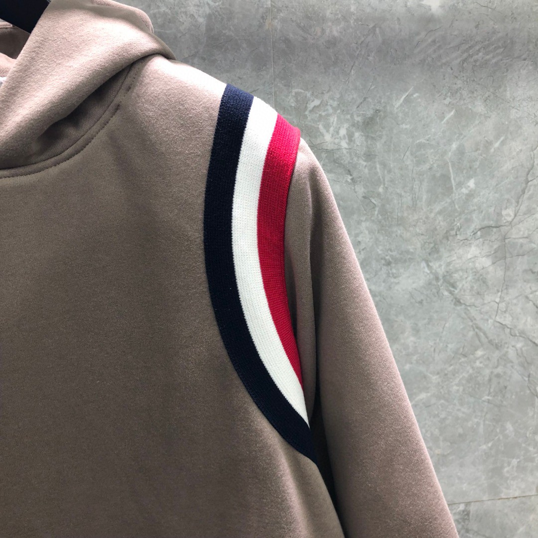 THOM BROWNE 针织条纹拼接连帽加绒卫衣 外套 长袖 黑色 卡其色