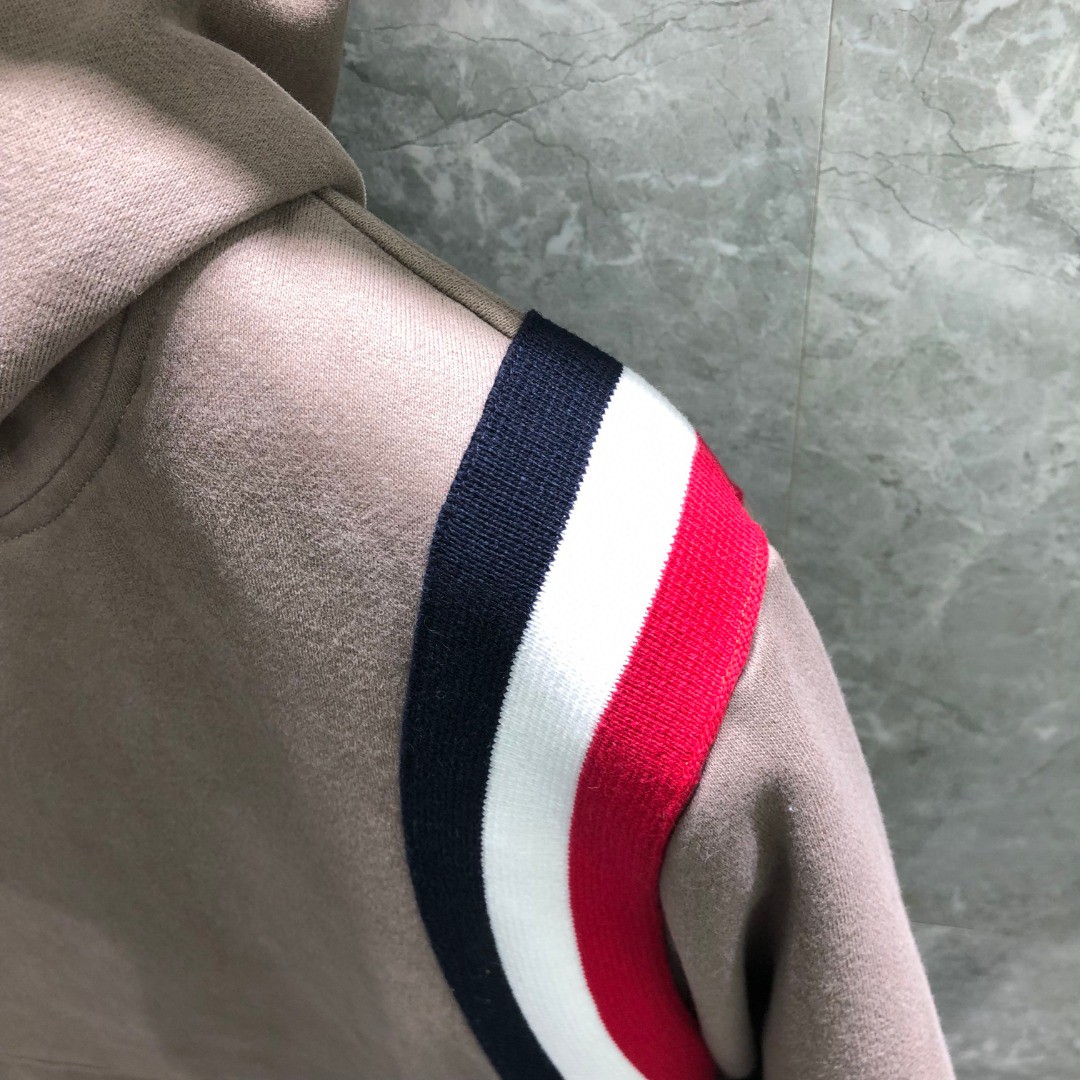 THOM BROWNE 针织条纹拼接连帽加绒卫衣 外套 长袖 黑色 卡其色