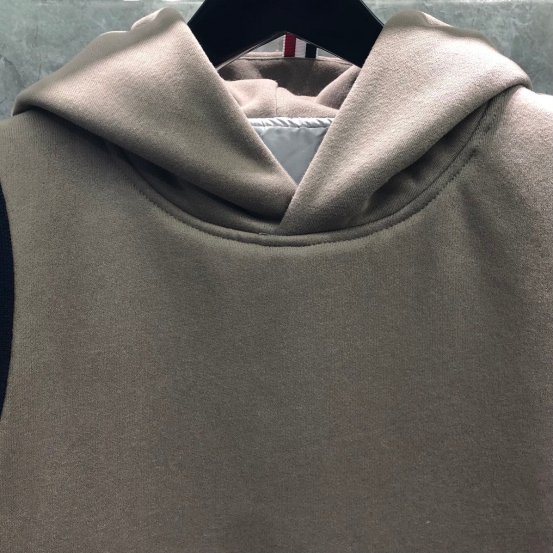 THOM BROWNE 针织条纹拼接连帽加绒卫衣 外套 长袖 黑色 卡其色