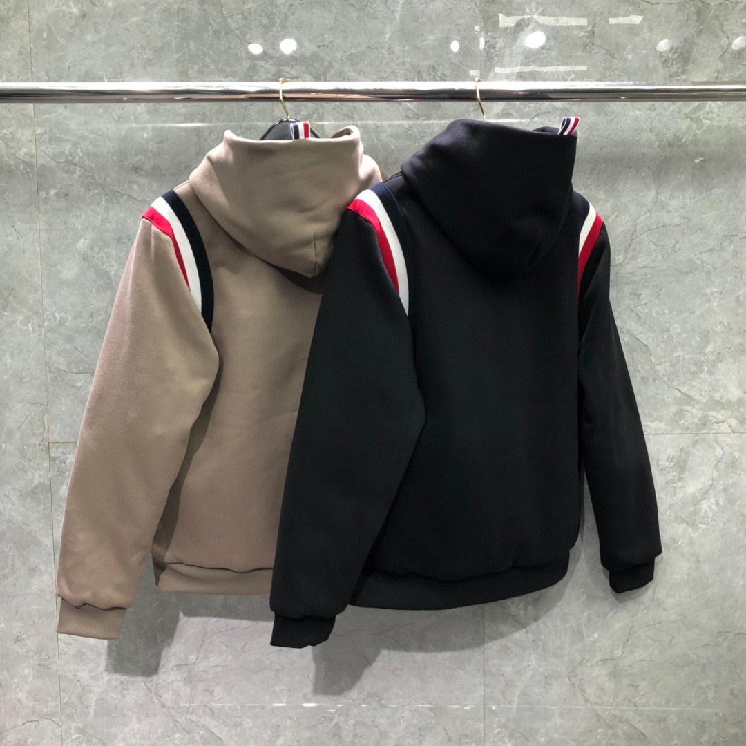 THOM BROWNE 针织条纹拼接连帽加绒卫衣 外套 长袖 黑色 卡其色