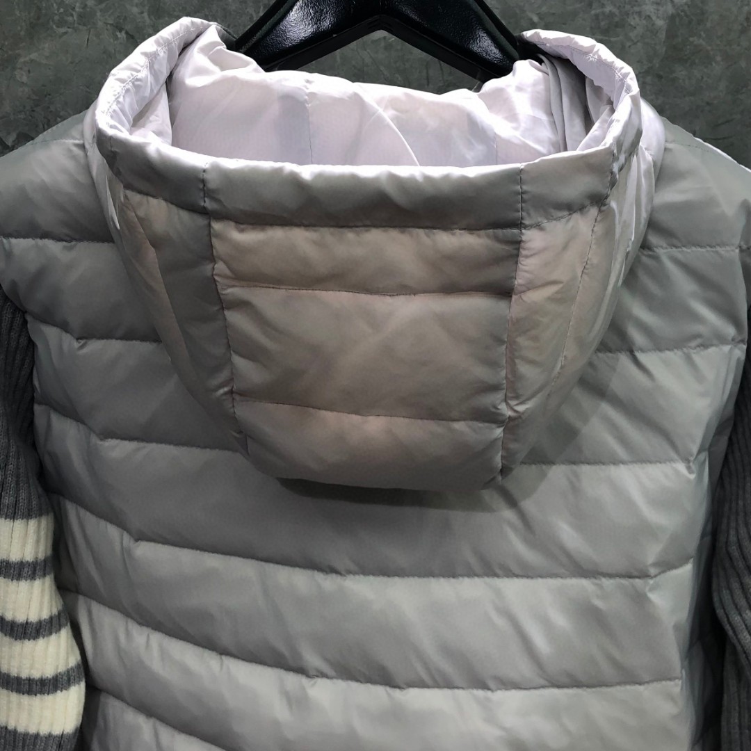 THOM BROWNE 羊毛针织拼接羽绒连帽拉链外套 夹克 长袖 女款 白色 灰色 黑色