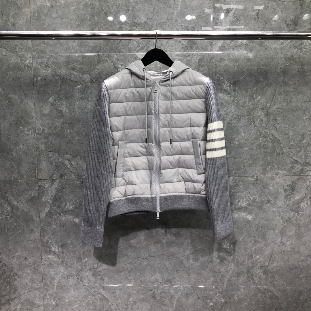THOM BROWNE 羊毛针织拼接羽绒连帽拉链外套 夹克 长袖 女款 白色 灰色 黑色