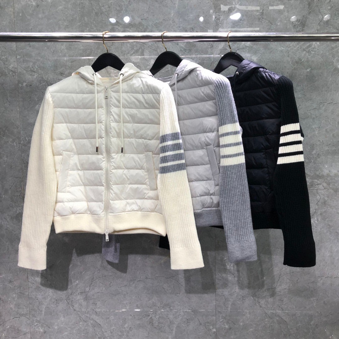 THOM BROWNE 羊毛针织拼接羽绒连帽拉链外套 夹克 长袖 女款 白色 灰色 黑色
