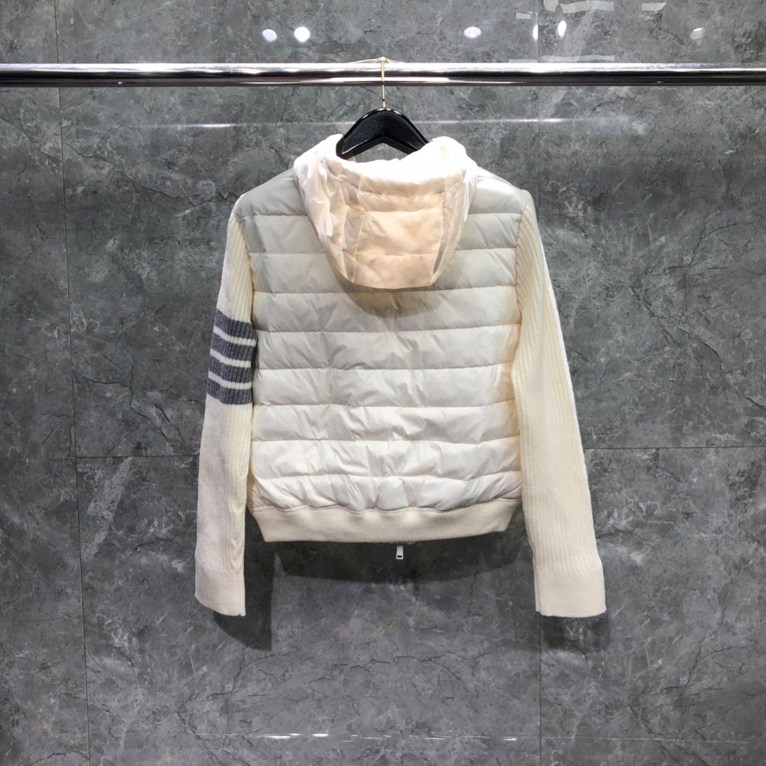 THOM BROWNE 羊毛针织拼接羽绒连帽拉链外套 夹克 长袖 女款 白色 灰色 黑色