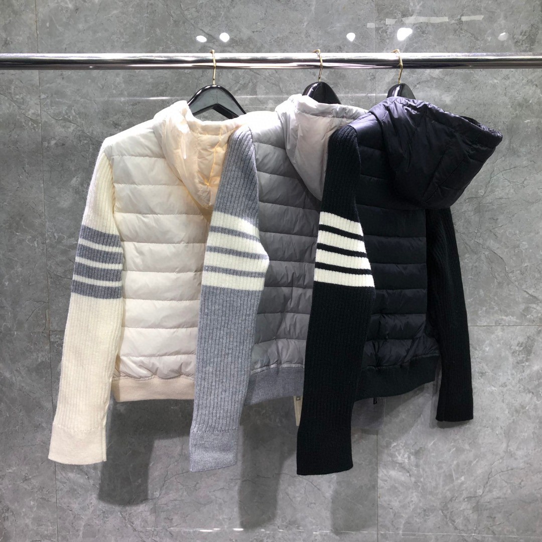 THOM BROWNE 羊毛针织拼接羽绒连帽拉链外套 夹克 长袖 女款 白色 灰色 黑色