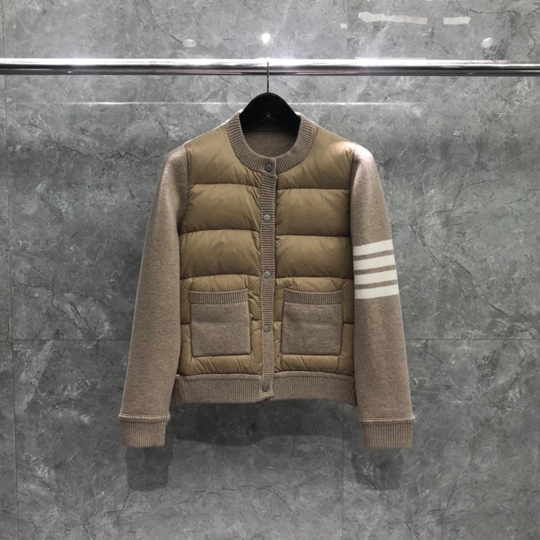THOM BROWNE 羊毛针织拼接羽绒外套 夹克 长袖 女款 白色 卡其色