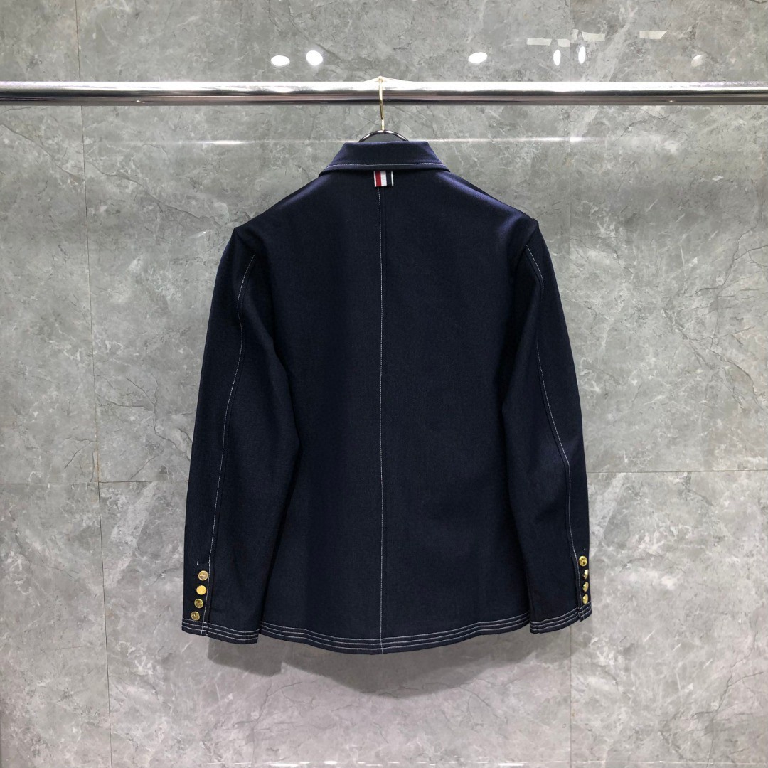 THOM BROWNE 纯色多口袋明线牛仔外套 夹克 长袖 浅蓝色 深蓝色M MJU555A-F0164-415