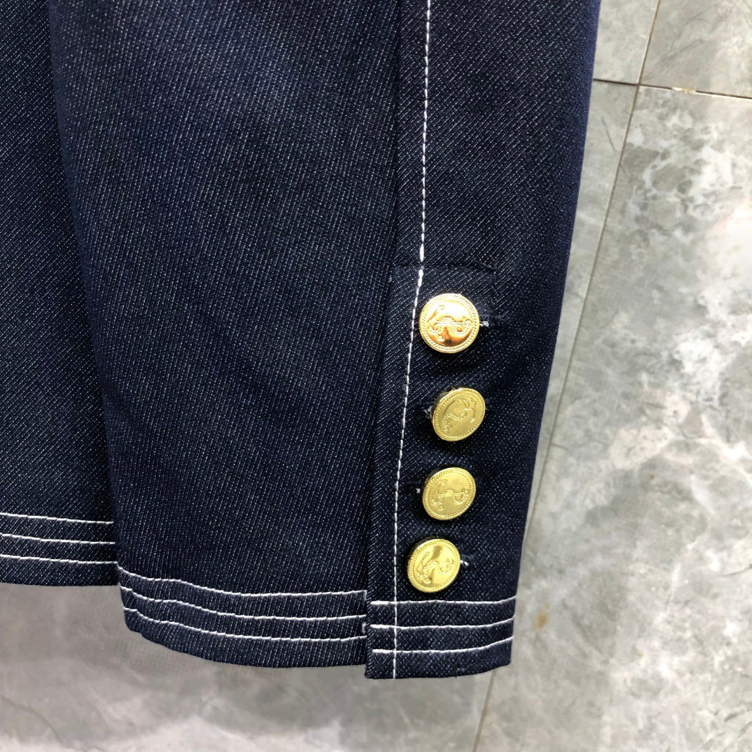 THOM BROWNE 纯色多口袋明线牛仔外套 夹克 长袖 浅蓝色 深蓝色M MJU555A-F0164-415