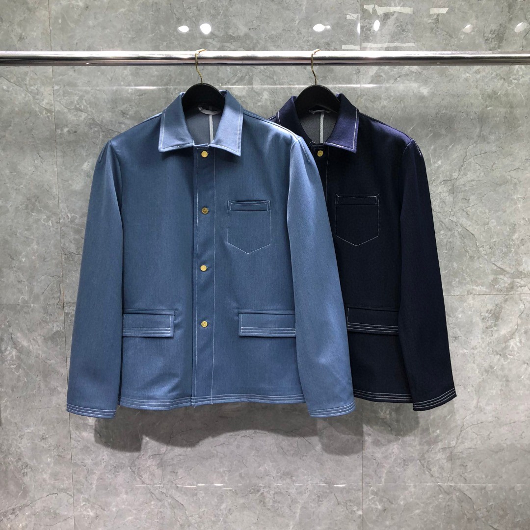 THOM BROWNE 纯色多口袋明线牛仔外套 夹克 长袖 浅蓝色 深蓝色M MJU555A-F0164-415