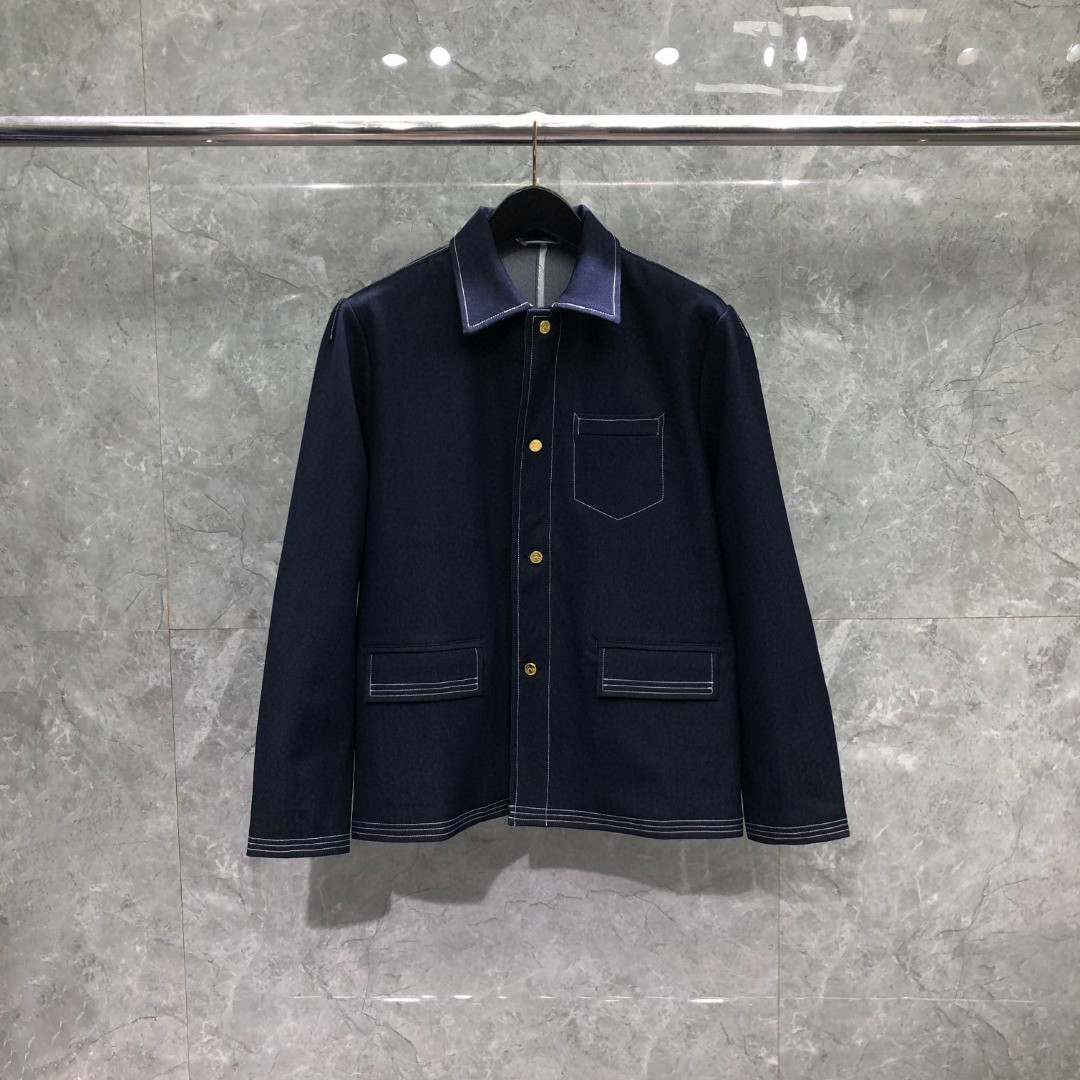 THOM BROWNE 纯色多口袋明线牛仔外套 夹克 长袖 浅蓝色 深蓝色M MJU555A-F0164-415