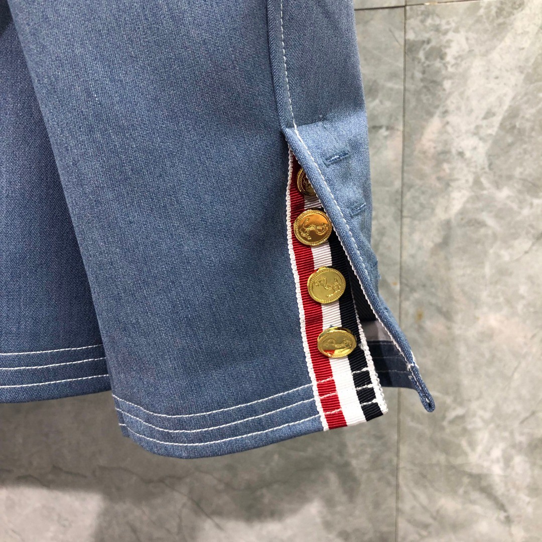 THOM BROWNE 纯色多口袋明线牛仔外套 夹克 长袖 浅蓝色 深蓝色M MJU555A-F0164-415