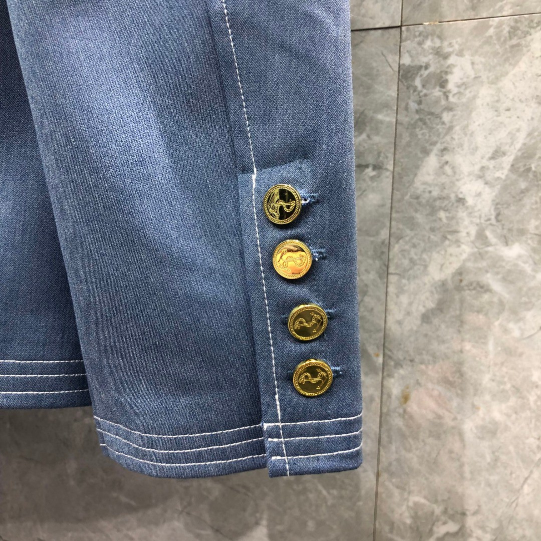 THOM BROWNE 纯色多口袋明线牛仔外套 夹克 长袖 浅蓝色 深蓝色M MJU555A-F0164-415