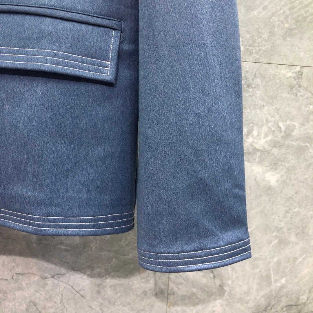 THOM BROWNE 纯色多口袋明线牛仔外套 夹克 长袖 浅蓝色 深蓝色M MJU555A-F0164-415