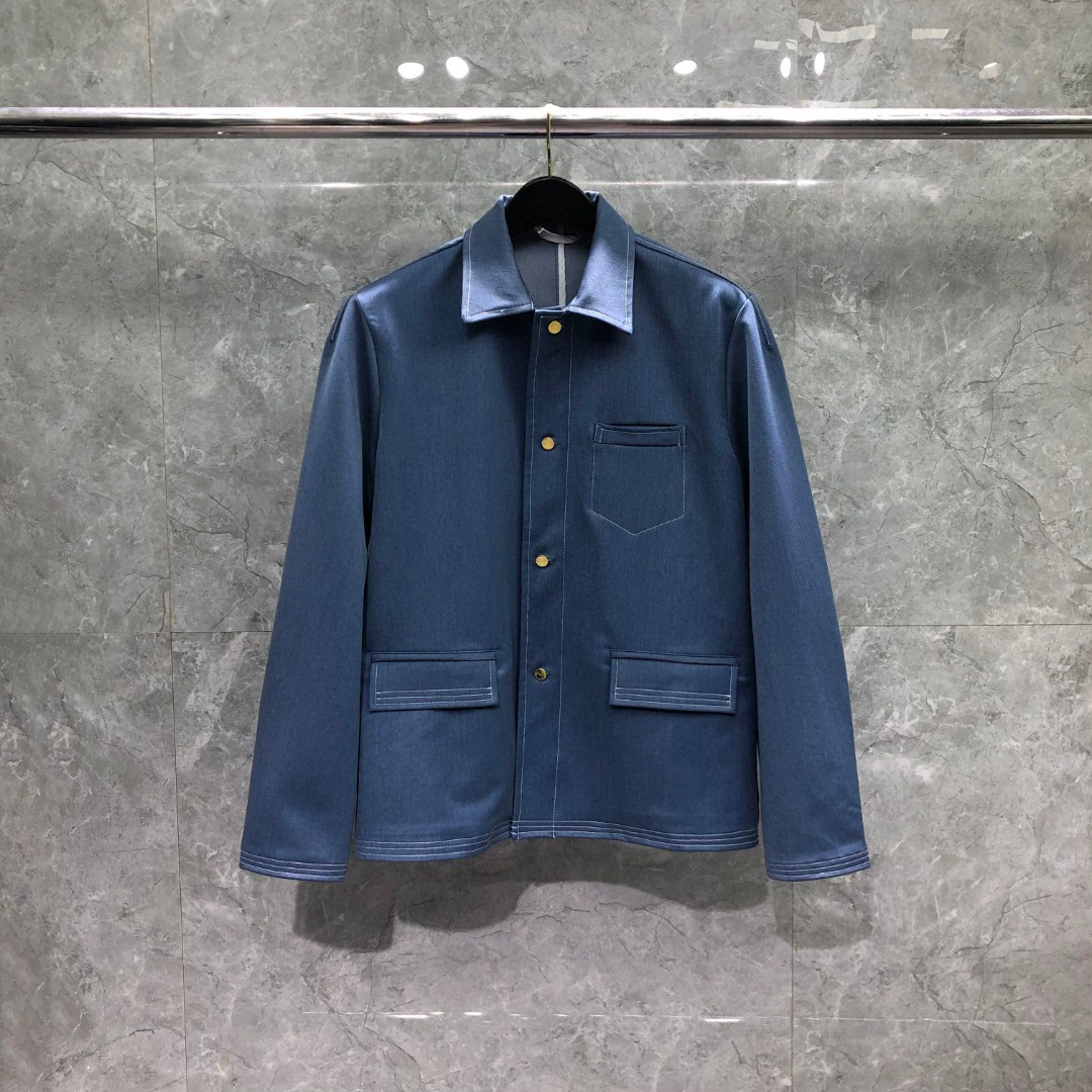 THOM BROWNE 纯色多口袋明线牛仔外套 夹克 长袖 浅蓝色 深蓝色M MJU555A-F0164-415