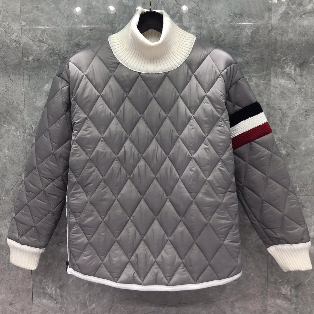THOM BROWNE 彩色三条杠高领菱格纹棉服 外套 长袖 保暖 灰色 黑色