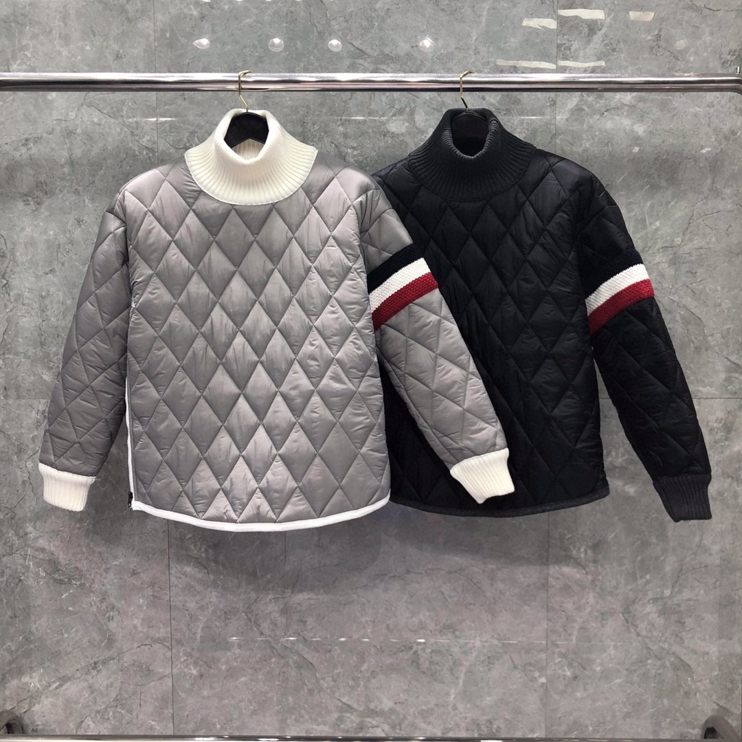 THOM BROWNE 彩色三条杠高领菱格纹棉服 外套 长袖 保暖 灰色 黑色