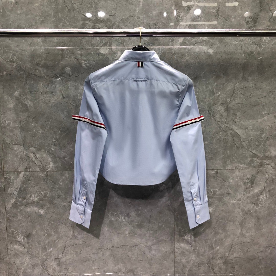 THOM BROWNE 小狗刺绣图案短款衬衫 外套 长袖 蓝色 白色