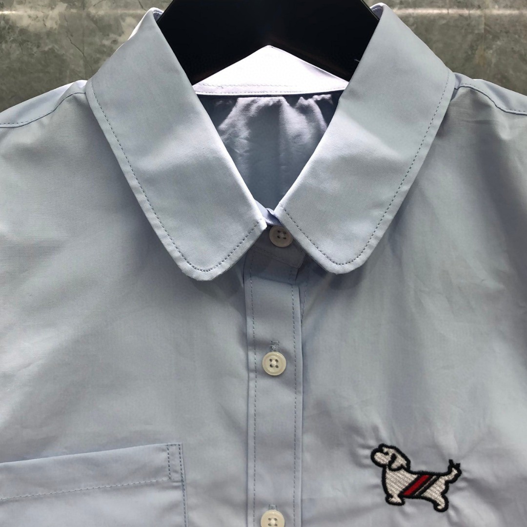 THOM BROWNE 小狗刺绣图案短款衬衫 外套 长袖 蓝色 白色
