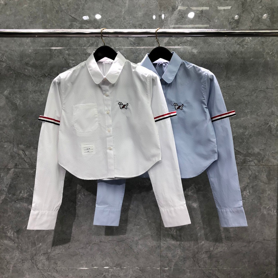 THOM BROWNE 小狗刺绣图案短款衬衫 外套 长袖 蓝色 白色