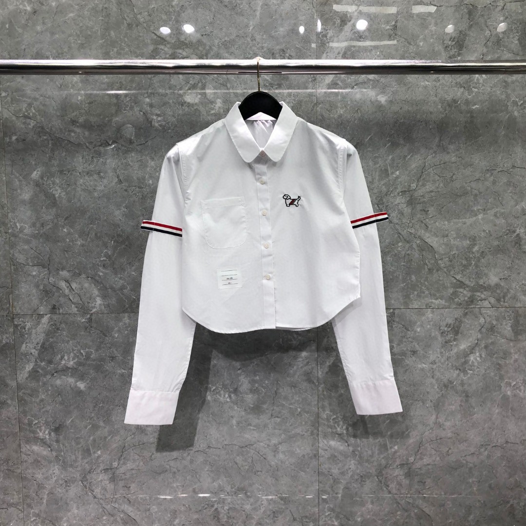 THOM BROWNE 小狗刺绣图案短款衬衫 外套 长袖 蓝色 白色