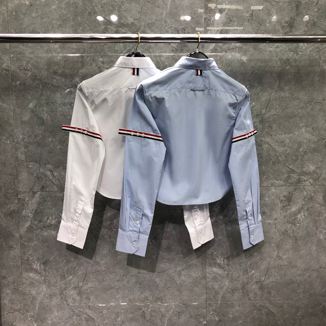 THOM BROWNE 小狗刺绣图案短款衬衫 外套 长袖 蓝色 白色