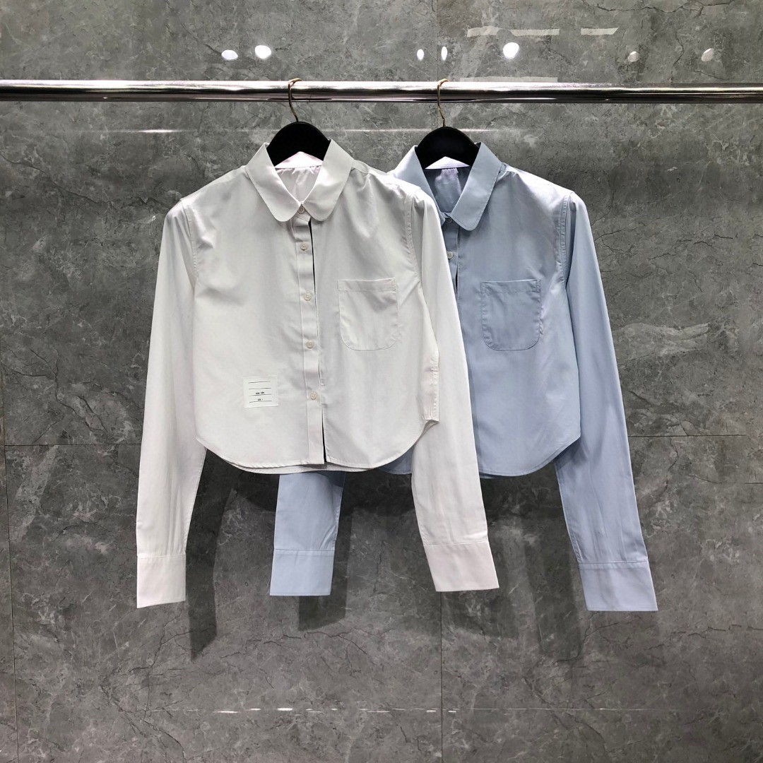 THOM BROWNE 纯色贴标短款衬衫 外套 长袖 女款 蓝色 白色 FLL164A03113480