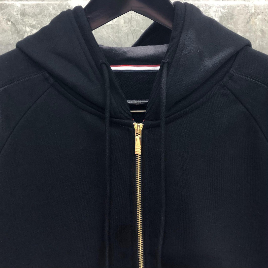 THOM BROWNE 袖子白色四杠拉链连帽卫衣 长袖 外套 灰色 藏青色 黑色 