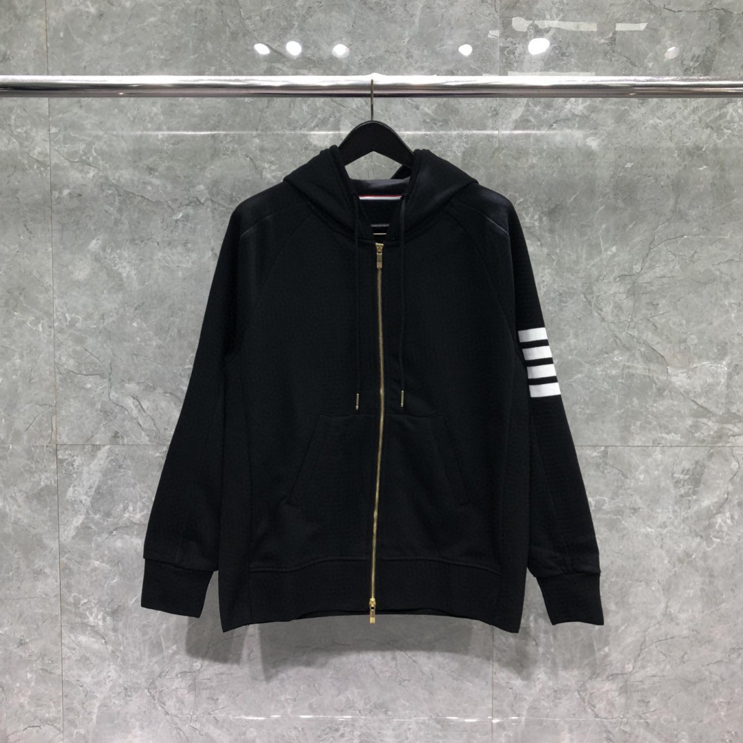 THOM BROWNE 袖子白色四杠拉链连帽卫衣 长袖 外套 灰色 藏青色 黑色 