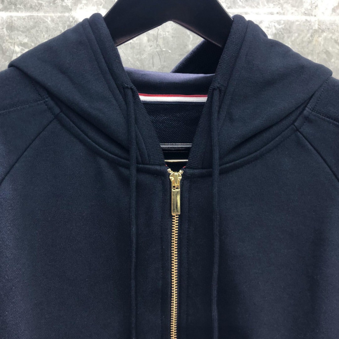 THOM BROWNE 袖子白色四杠拉链连帽卫衣 长袖 外套 灰色 藏青色 黑色 