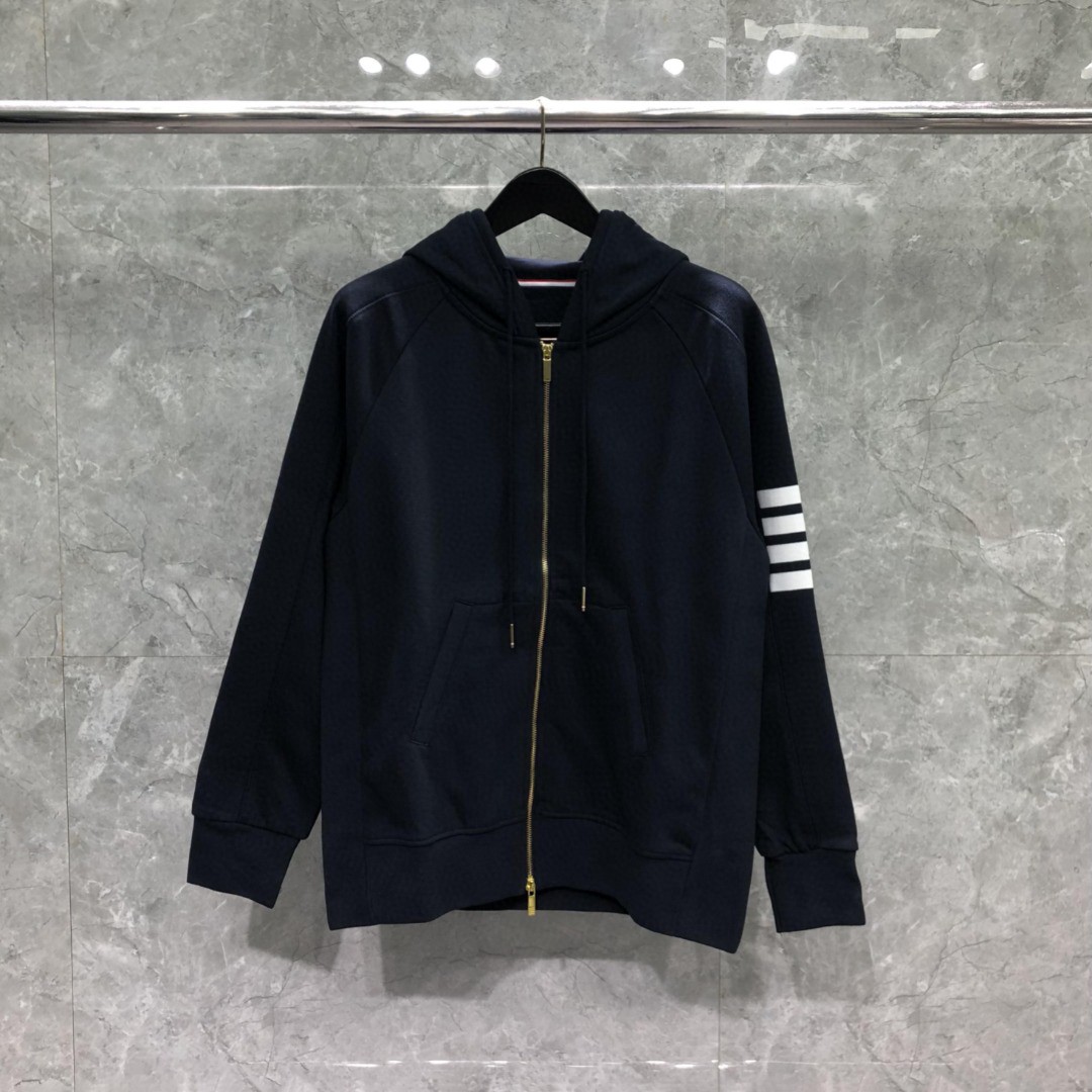 THOM BROWNE 袖子白色四杠拉链连帽卫衣 长袖 外套 灰色 藏青色 黑色 