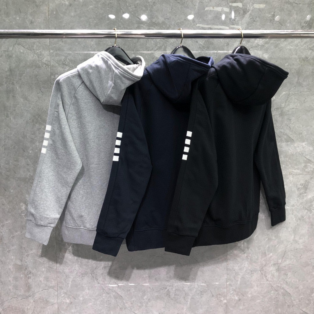 THOM BROWNE 袖子白色四杠拉链连帽卫衣 长袖 外套 灰色 藏青色 黑色 