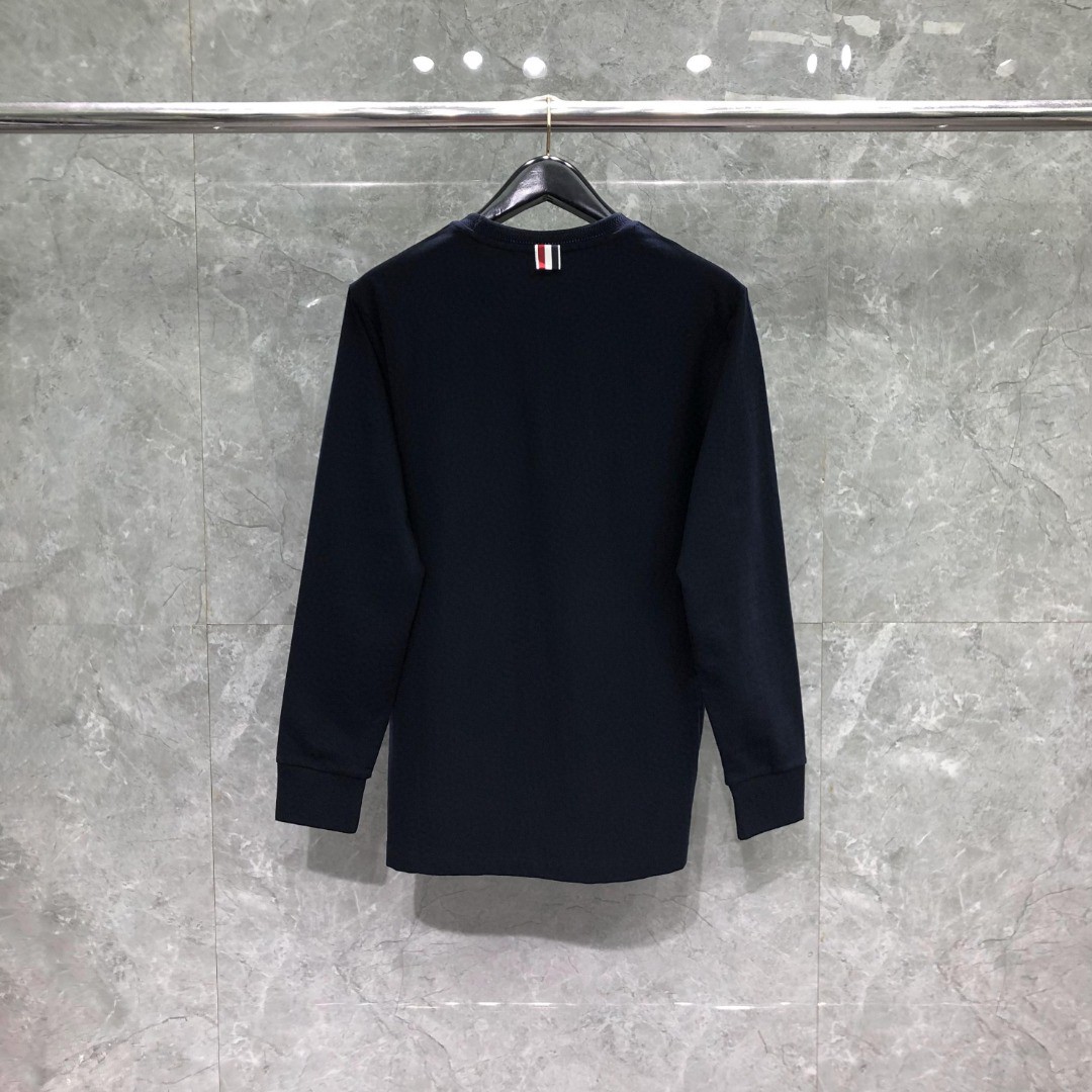 THOM BROWNE 胸前拼色织带圆领卫衣 套头 长袖 灰色 藏青色 白色 