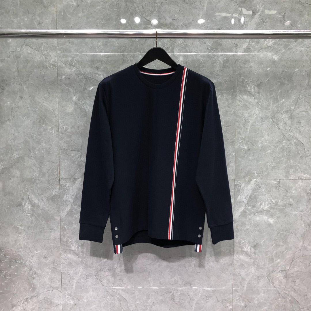 THOM BROWNE 胸前拼色织带圆领卫衣 套头 长袖 灰色 藏青色 白色 