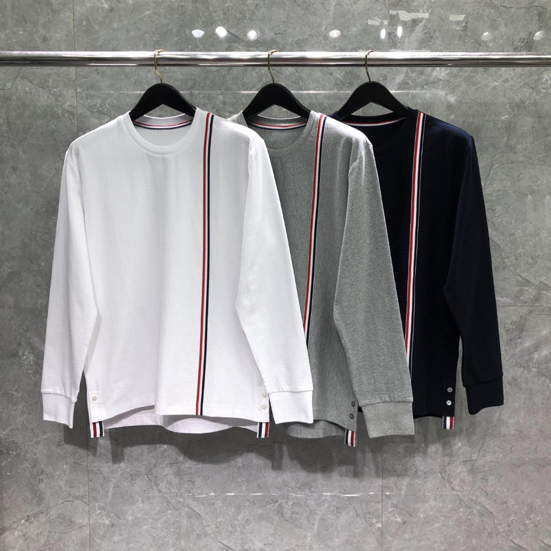 THOM BROWNE 胸前拼色织带圆领卫衣 套头 长袖 灰色 藏青色 白色 