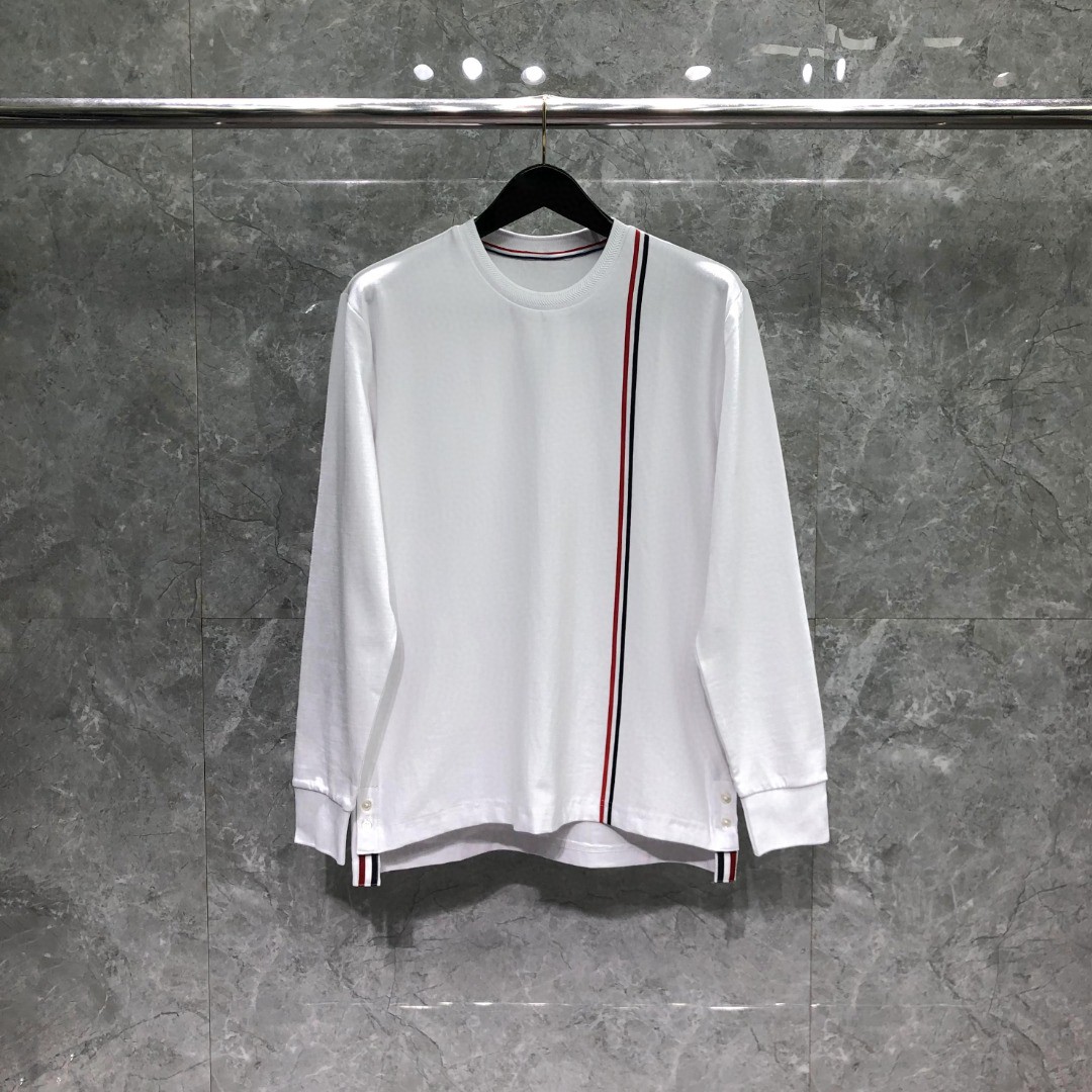 THOM BROWNE 胸前拼色织带圆领卫衣 套头 长袖 灰色 藏青色 白色 