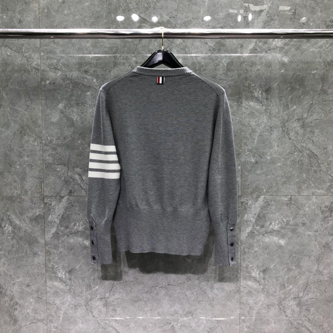 THOM BROWNE 经典袖子白色四条纹小狗嵌花图案毛衣 针织衫 长袖 灰色 藏青色 白色 MKA486A-Y1002-055