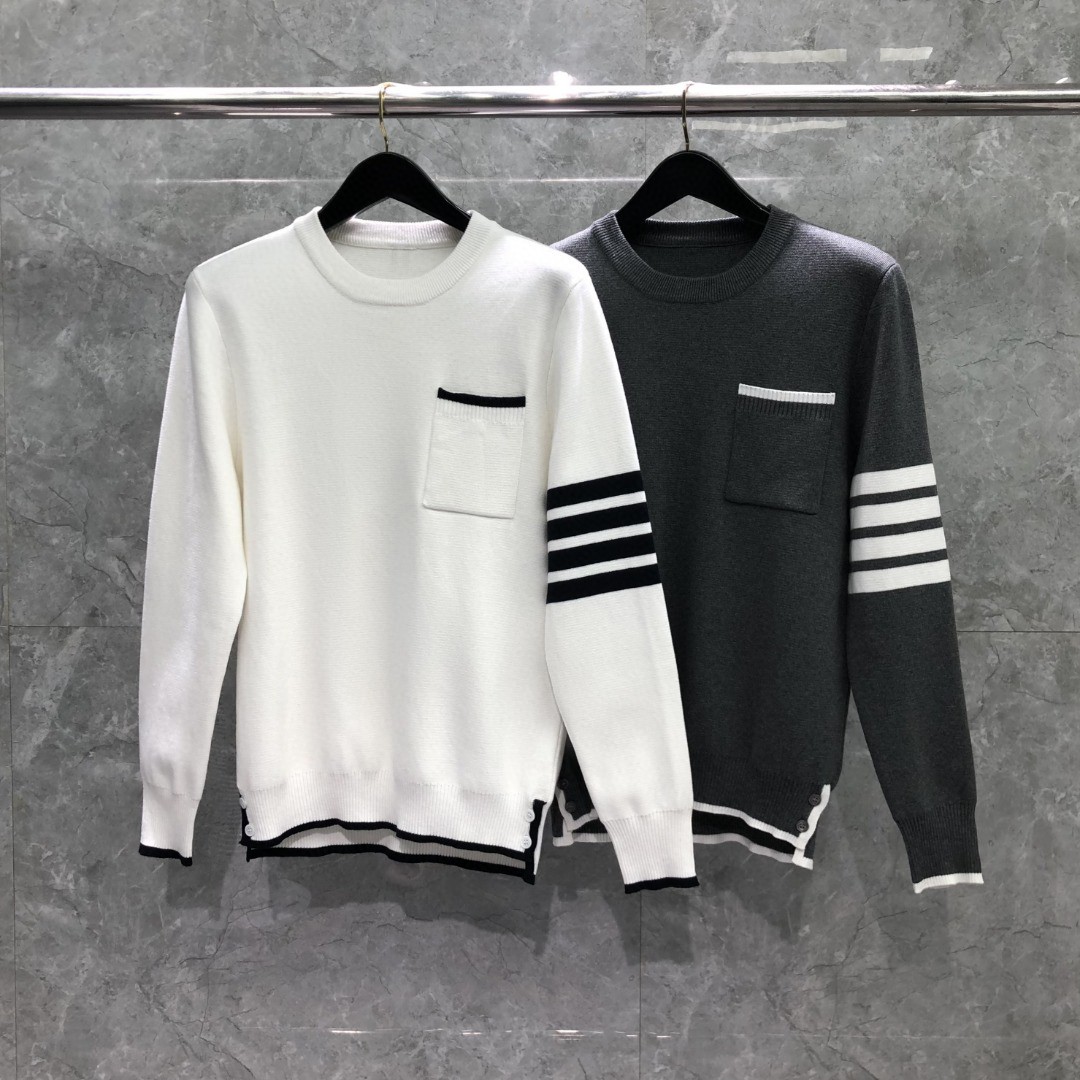 THOM BROWNE 经典袖子四条纹螺纹圆领毛衣 针织衫 长袖 灰色 藏青色 白色 MKA452A-Y3006-100