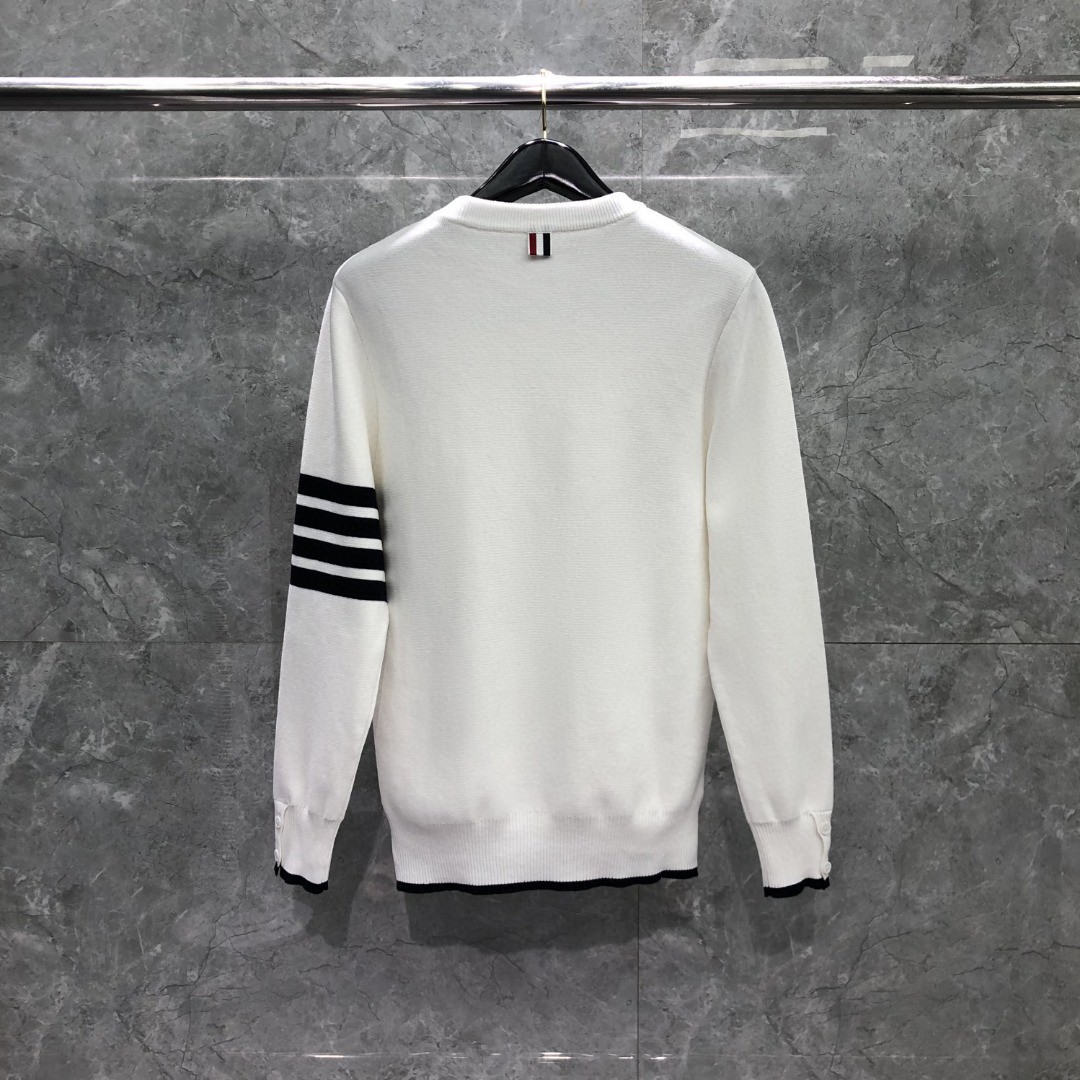 THOM BROWNE 经典袖子四条纹螺纹圆领毛衣 针织衫 长袖 灰色 藏青色 白色 MKA452A-Y3006-100